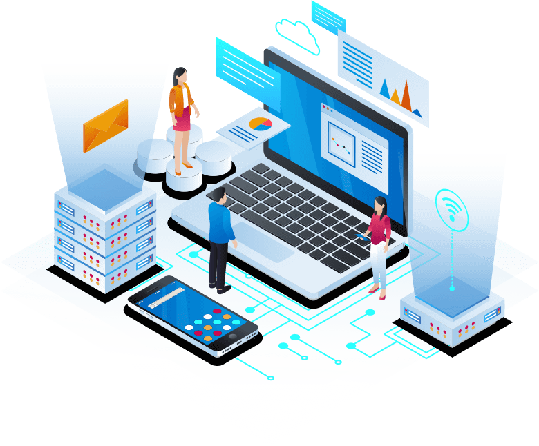 Illustration of a laptop, phone, and servers connected by a network